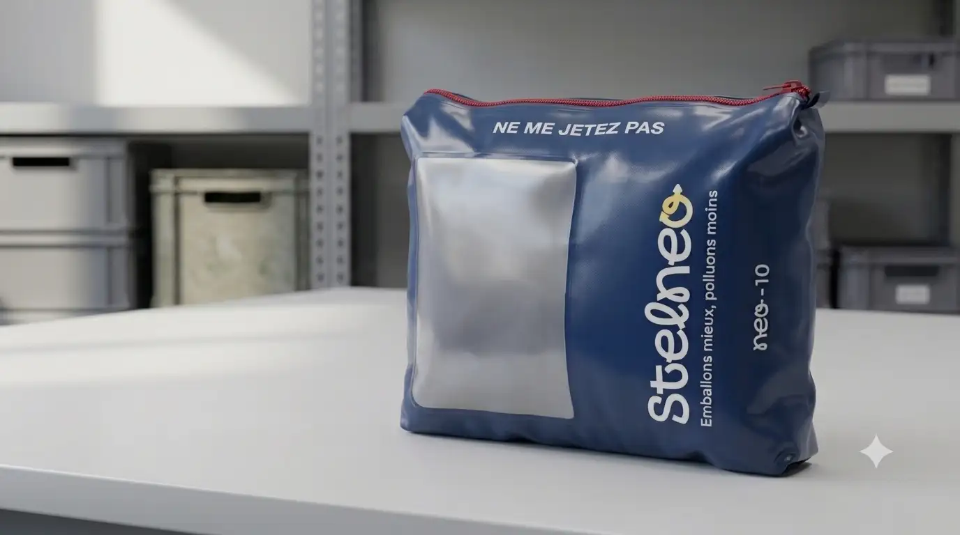 Pochette Stelneo dans un espace de stockage, avec logo et étiquette de réutilisation visibles
